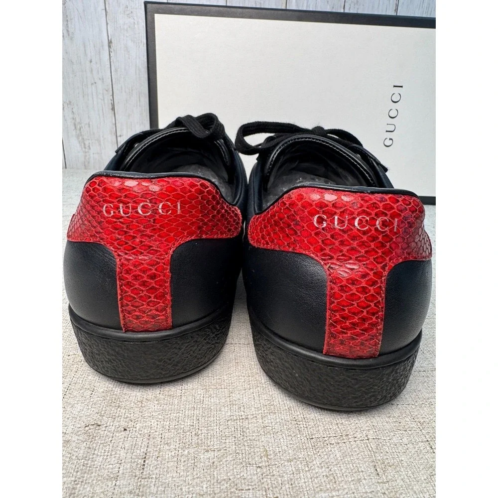 Gucci Ace Low Top Sneakers Black Leather Web Stripe Men's 9 Authentic w/ Box